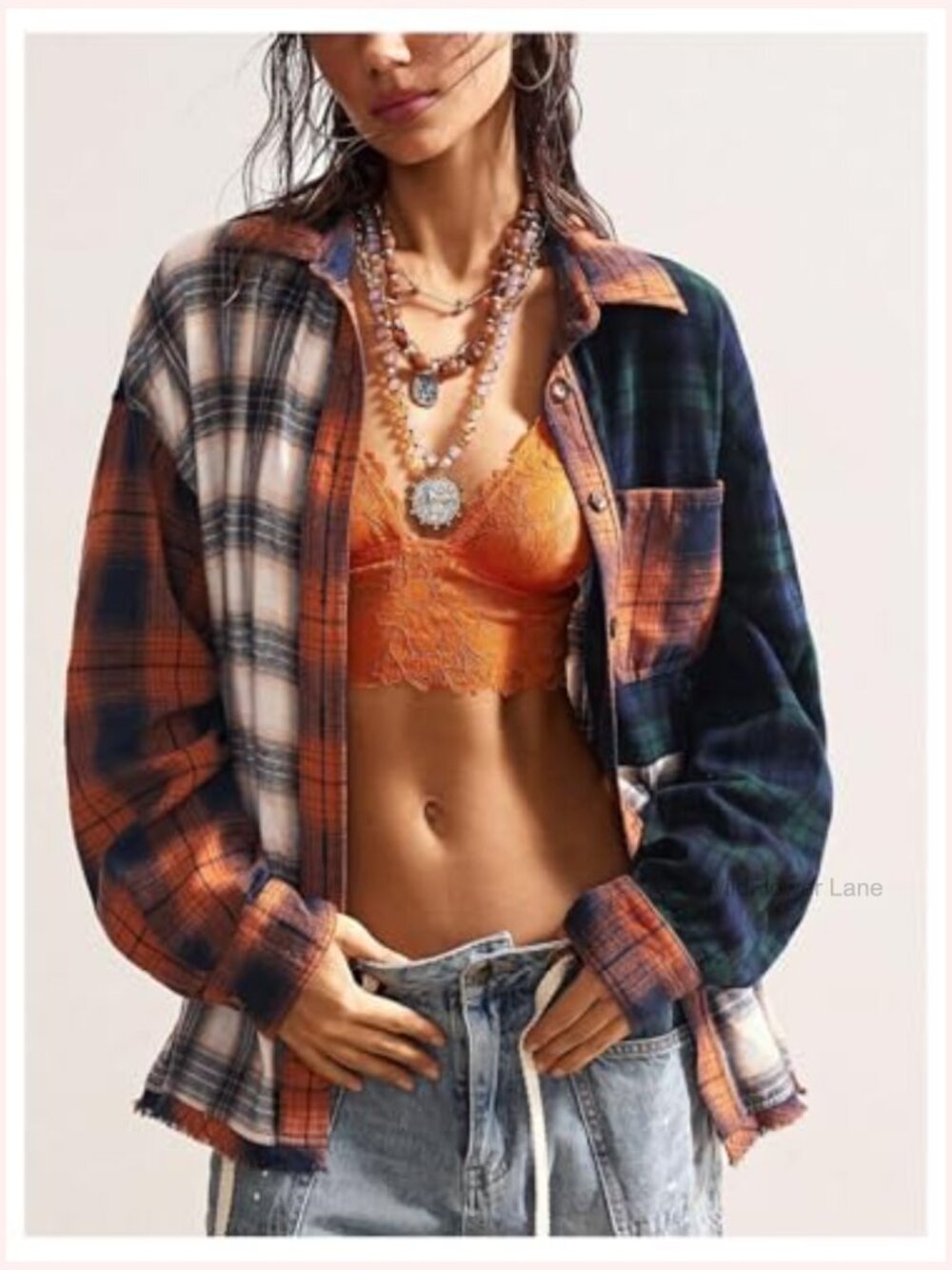 Oversized Plaid Button Down Blouse with Pockets - Picture 5 of 5